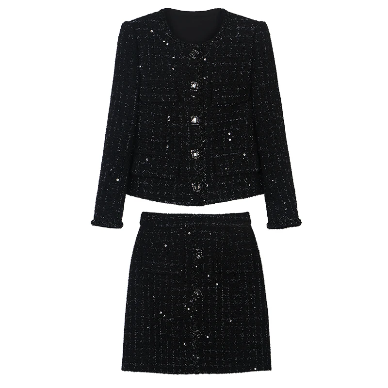 

Fashion Celebrity Sequin Tweed Single-Breasted Jacket And Skirt Suit round Neck Style Small Fragrance Temperament New Arrival