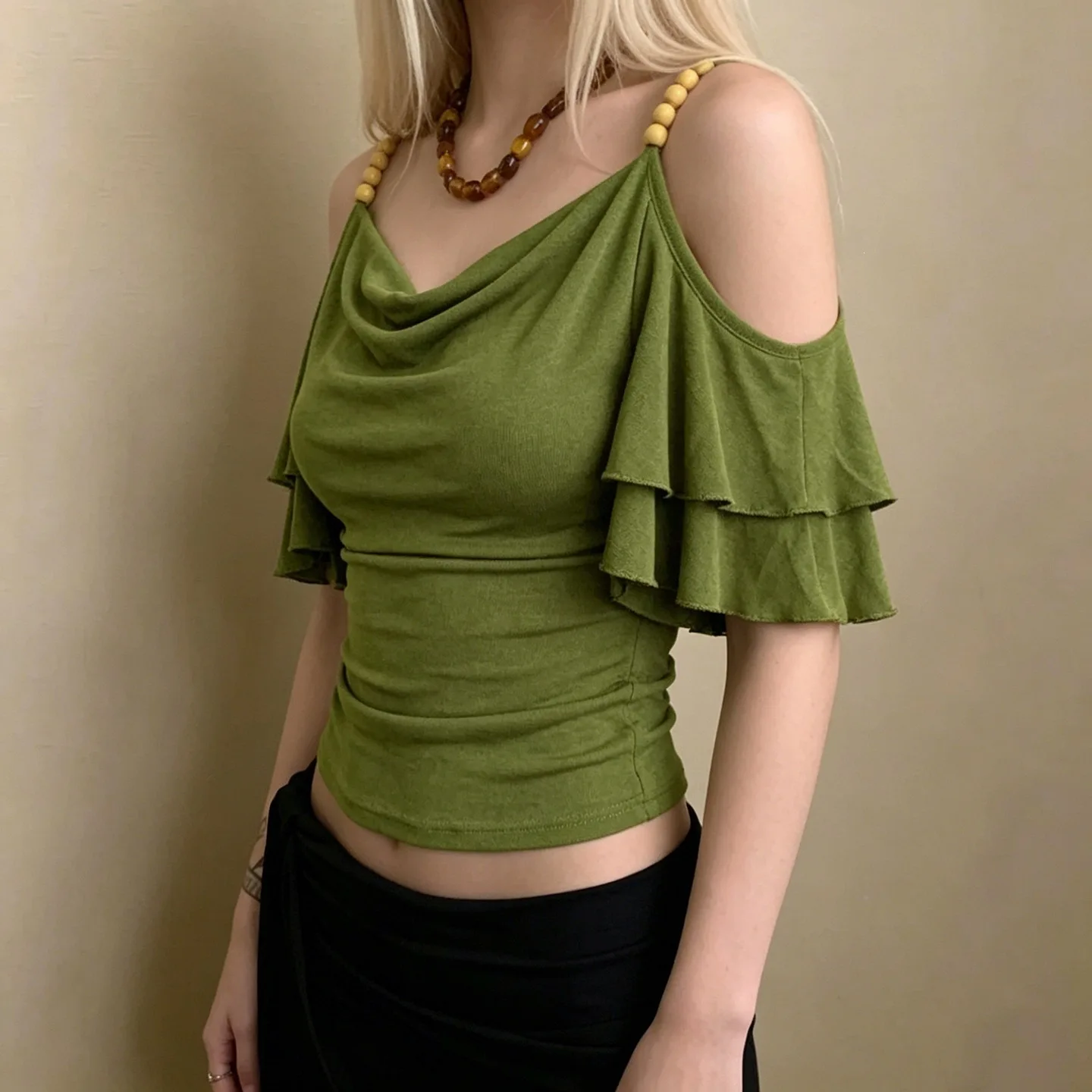 Vintage Draped Ruffle Off Shoulder Slim Tee Soft Hot Girl Women Casual Top