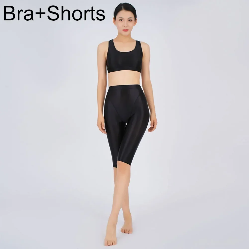 Women Sexy Lingerie Bra Shorts Suit Oily Glossy Shiny Tight Yoga Sport Leggings Sexy Lingerie Outfit Vulgar