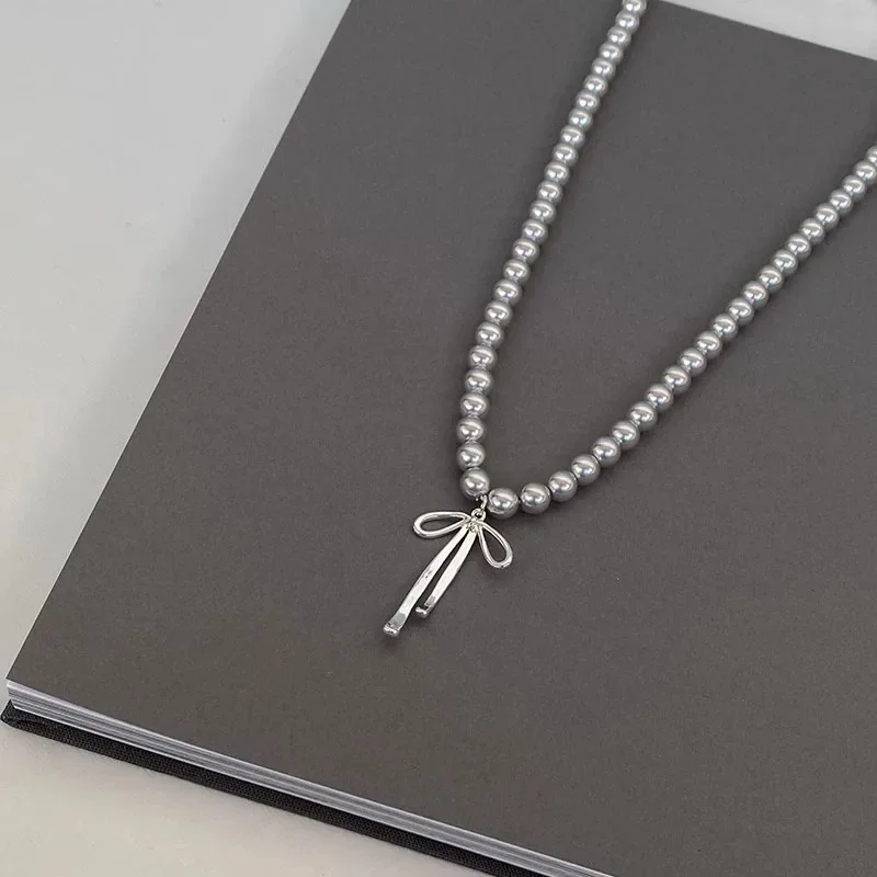 LATS Gray Pearls Bowknot Pendant Necklace for Women Girls Graceful Butterfly Choker Chain Jewelry Gift Accessories image 2