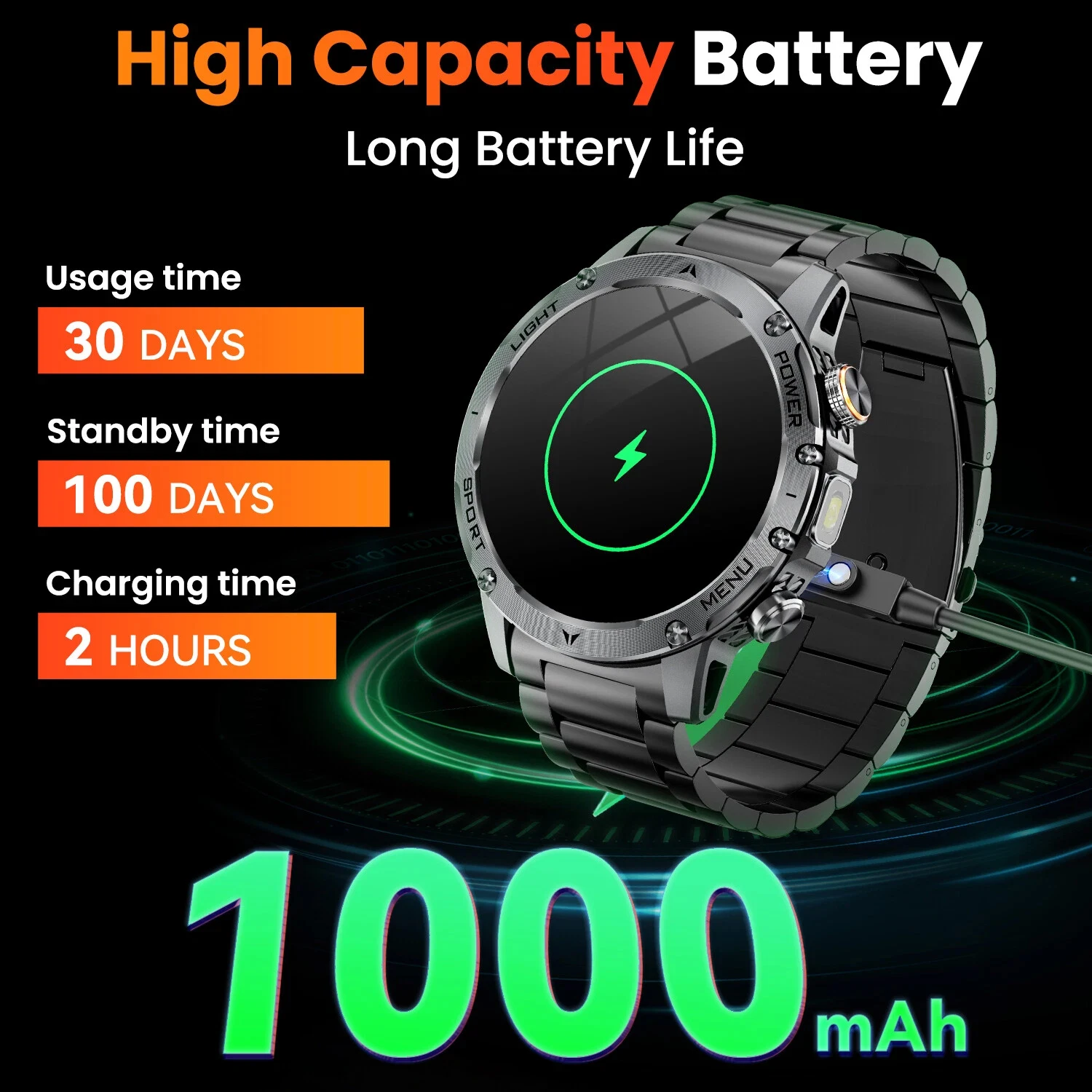 ULTIMATE DESIGN Smartwatch 1.7" AMOLED Sapphire Screen 1000mAh High capacity Flashlight Heart rate Outdoor Watch For iOS&Android