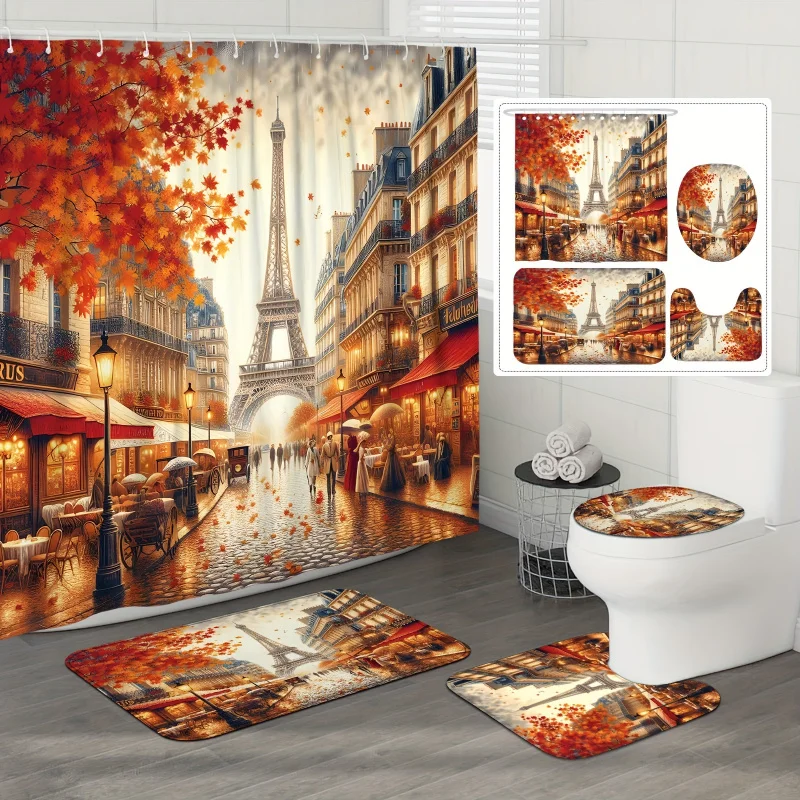 1/4pcs Fall Eiffel Tower Maple Leaf Natural Burnt Orange Sets with Shower Curtain and Rugs Polyester Waterproof M