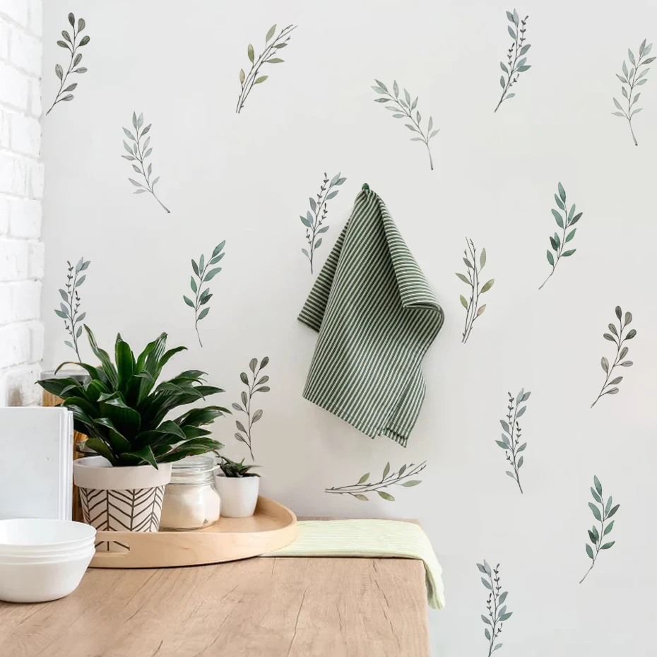 

Green Leaf Branches Watercolor Wall Stickers for Living Room Bedroom Baseboard Decals Home Decorative Stickers Murals
