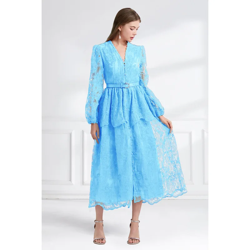 Vestido Longo de Aodão com Decote em V e Camadas Duplas, Estilo de Rua, Cintura Ajustável, Vestido de Renda de Alta Cintura