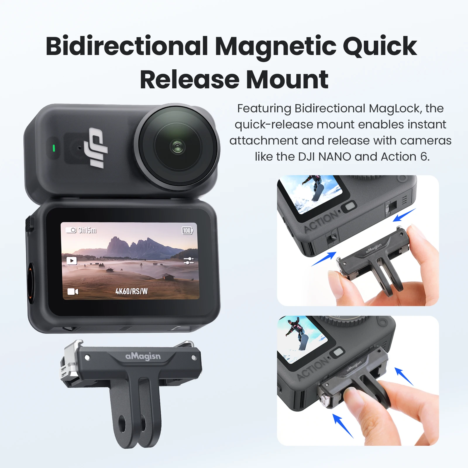 aMagisn Adattatore in plastica per montaggio a sgancio rapido a doppia direzione con artigli in acciaio inossidabile per accessori DJI Osmo Nano / Action 6