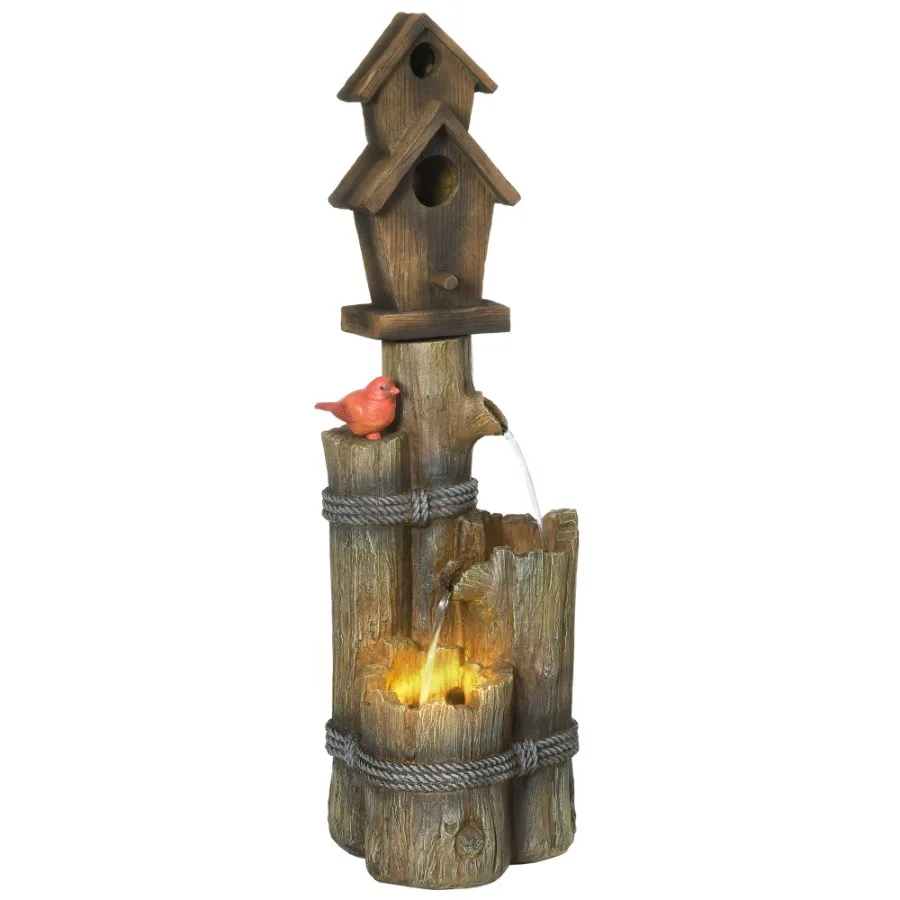 

Outdoor Fountain with Birdhouse Cascading Garden Waterfall Bird Bath with 3Tier Rustic Tree Trunk Log Design LED Lights for Po