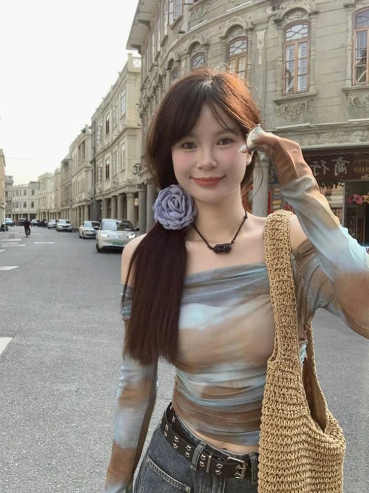 American Dyed Mesh One Shoulder Top Women Summer Ice Silk Thin Sunscreen T Shirt Sexy Slim Transparent Cover up