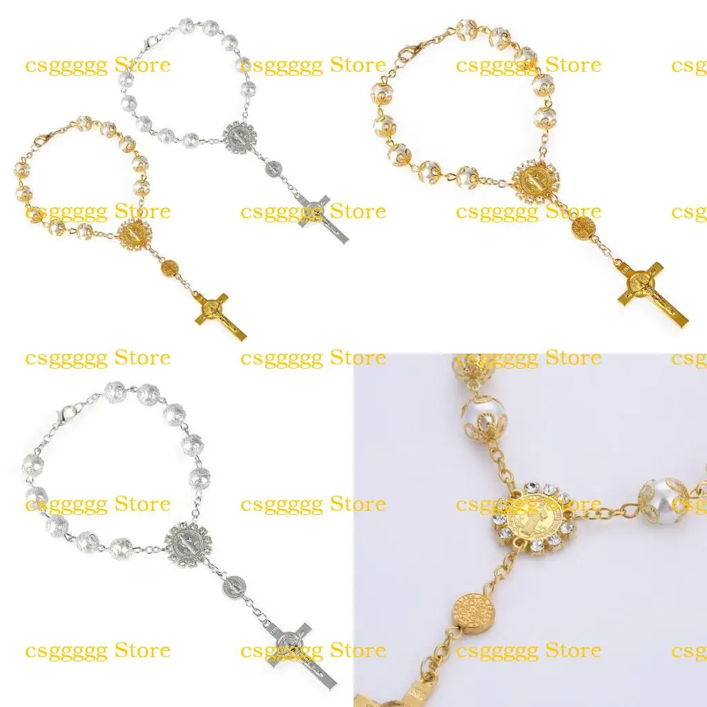 9HJK Católico Decade Finger Rosario Anillo oro/plataforma perlas falsas plateadas brazalete