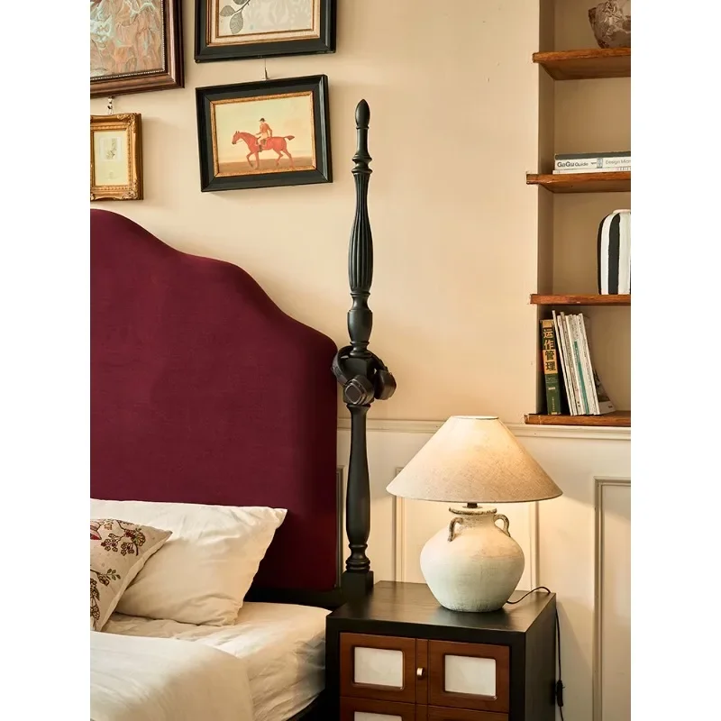 French retro bed solid wood bed 1.8 meters double small apartment soft high backrest large