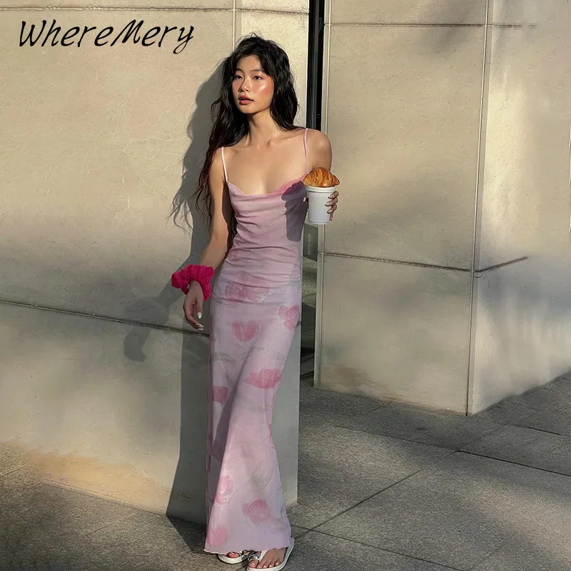 WhereMery Elegant Aesthetic Print Spaghetti Strap Dress Summer Slim Fit Y2K Off Back Dress Sexy Party Evening Dress 2024 Summer