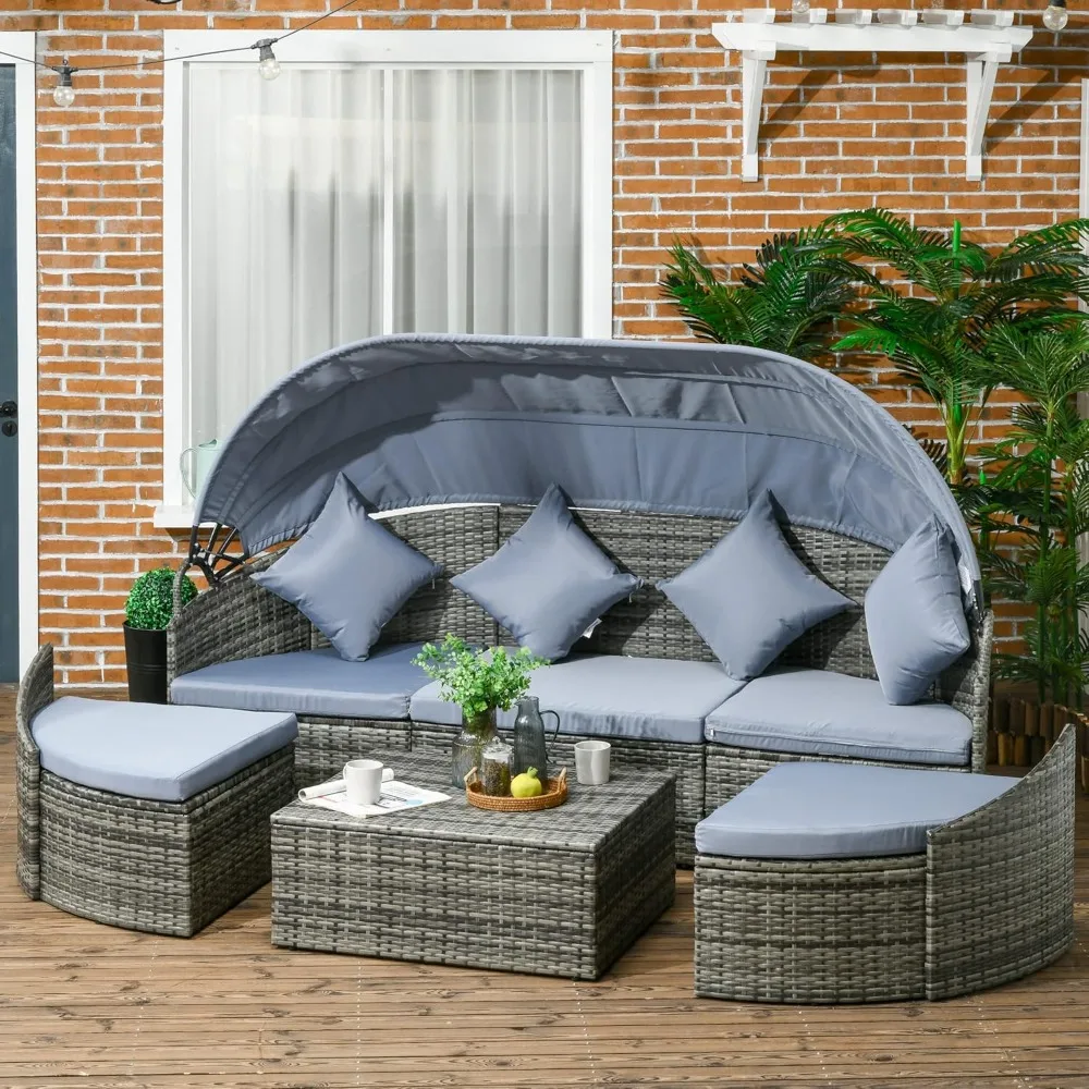 

4-Piece Outdoor Rattan Furniture Set, Round Convertible Patio Daybed or Sunbed, Sectional Sofa with Canopy, Pillows, Cushions