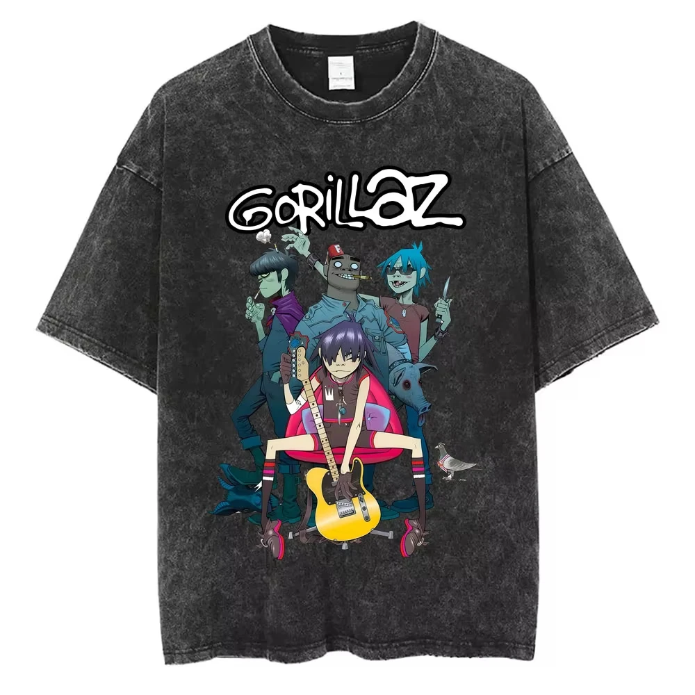 Rock Band Gorillaz Klassisches Poster Grafikdruck T-Shirts für Männer und Frauen Vintage Gewaschene Baumwolle Locker Lässig Übergroß Sommer Neues T-Shirt
