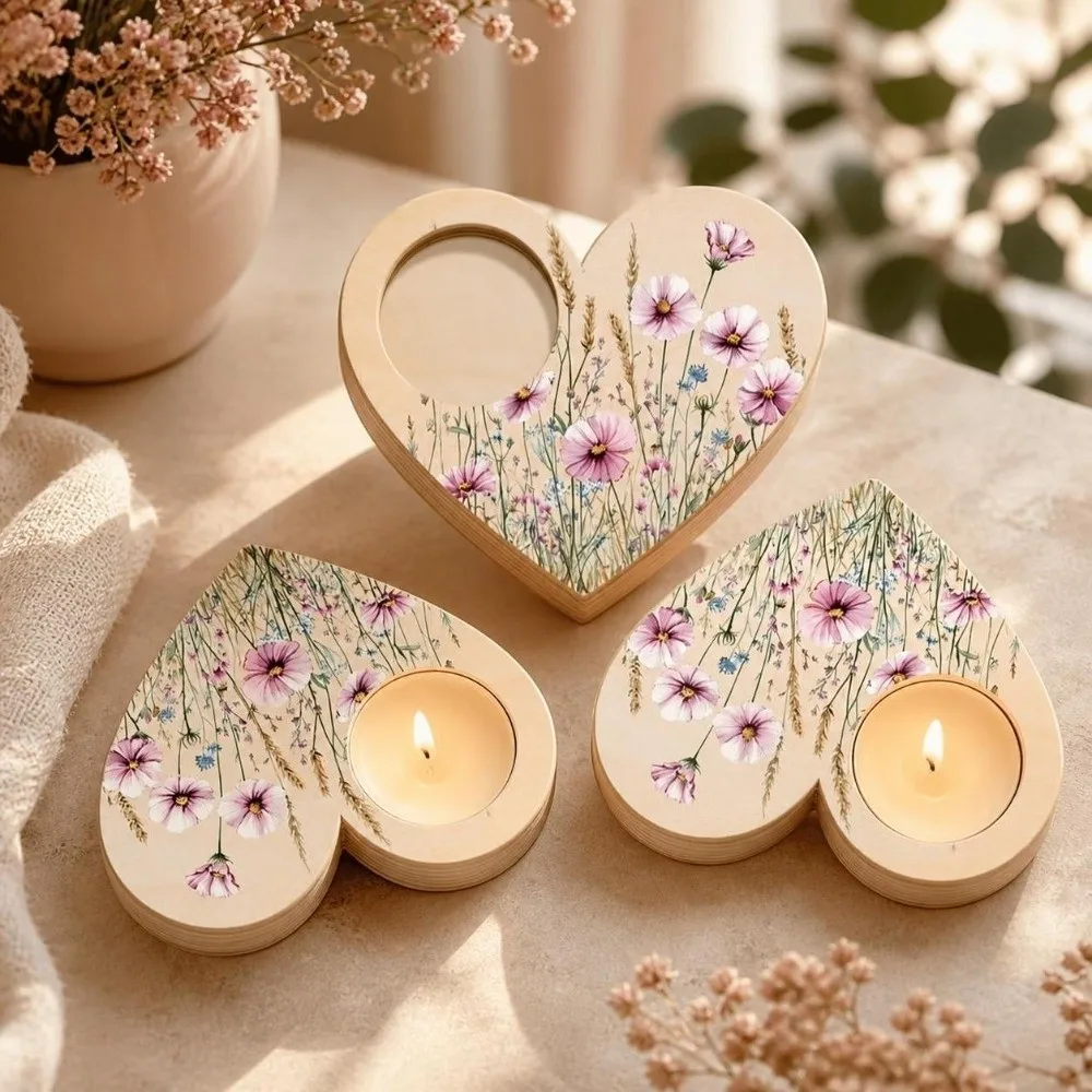 Floral Pattern Heart Shaped Candle Holder Butterfly Ornament Desktop Decoration Sweet Candlestick Wooden Candle Holder