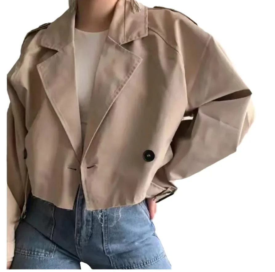 2024 Fall Belted Cuff Women Short Windbreaker Jacket Fashion Lapel Double Breasted Pocket Trench Coat High Street Lady Outerwear