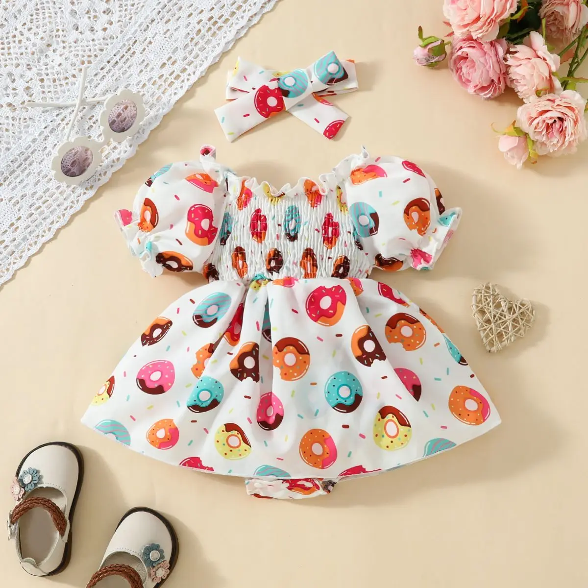 Baby girl and child romper donut print puff sleeves with bow super sweet casual and cute style for daily travel in summer