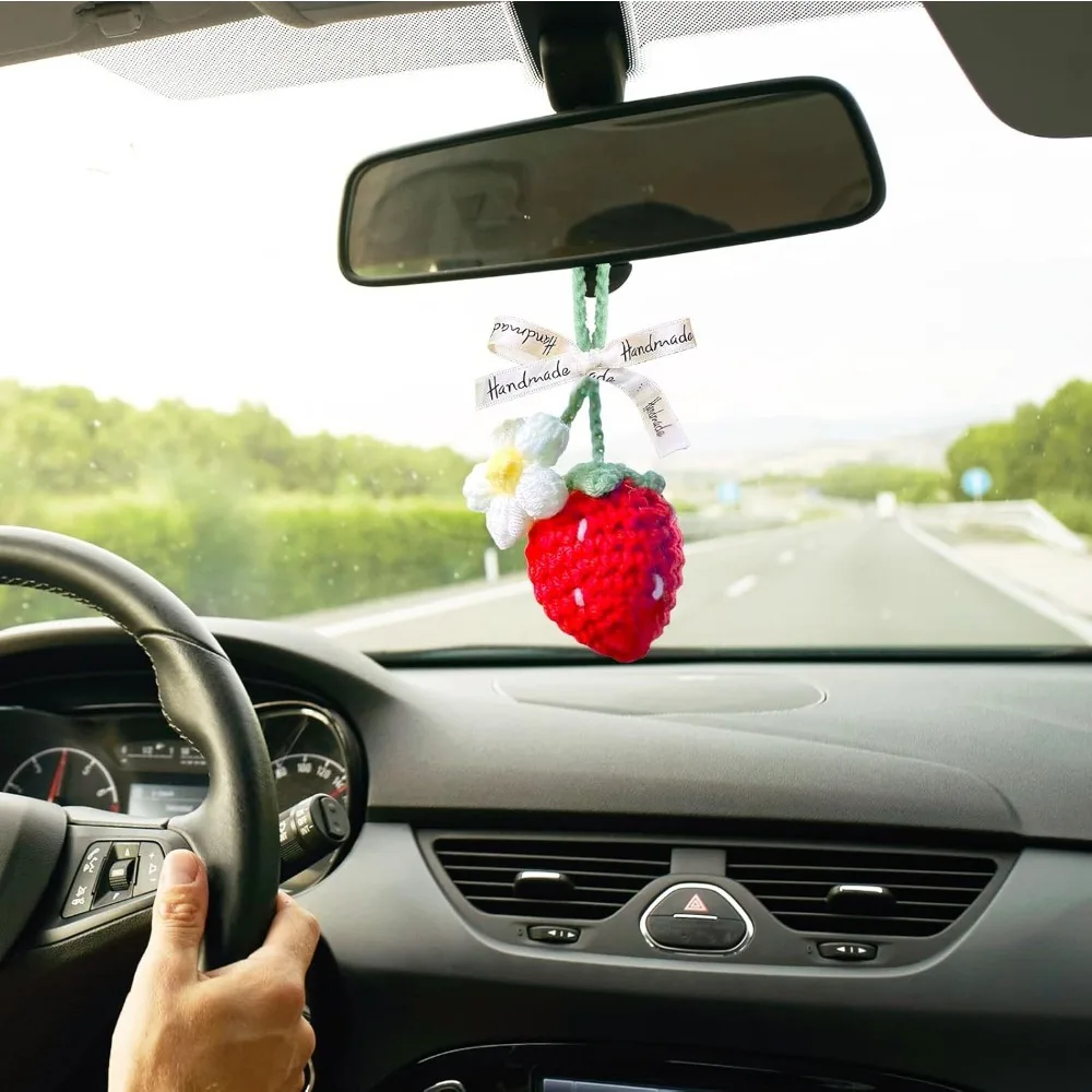 

Crochet Strawberry Car Hanging Ornament Boho Cars Plant Hanging Accessories Crochet Plants for Car Rear View Mirror Cute Plants