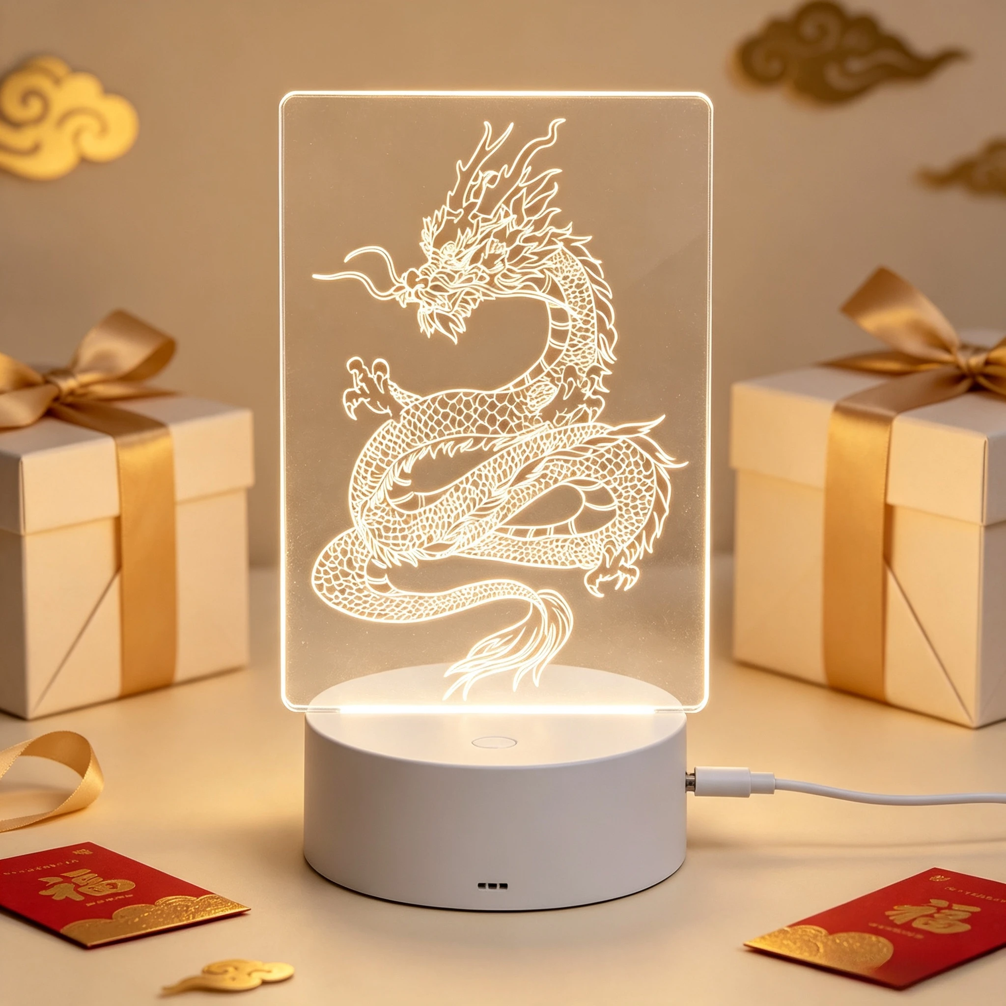 Chinese Style Auspicious Dragon Line Art Acrylic 3D LED Night Light,Vintage Loong Engraving LED Acrylic Ambient Night Light