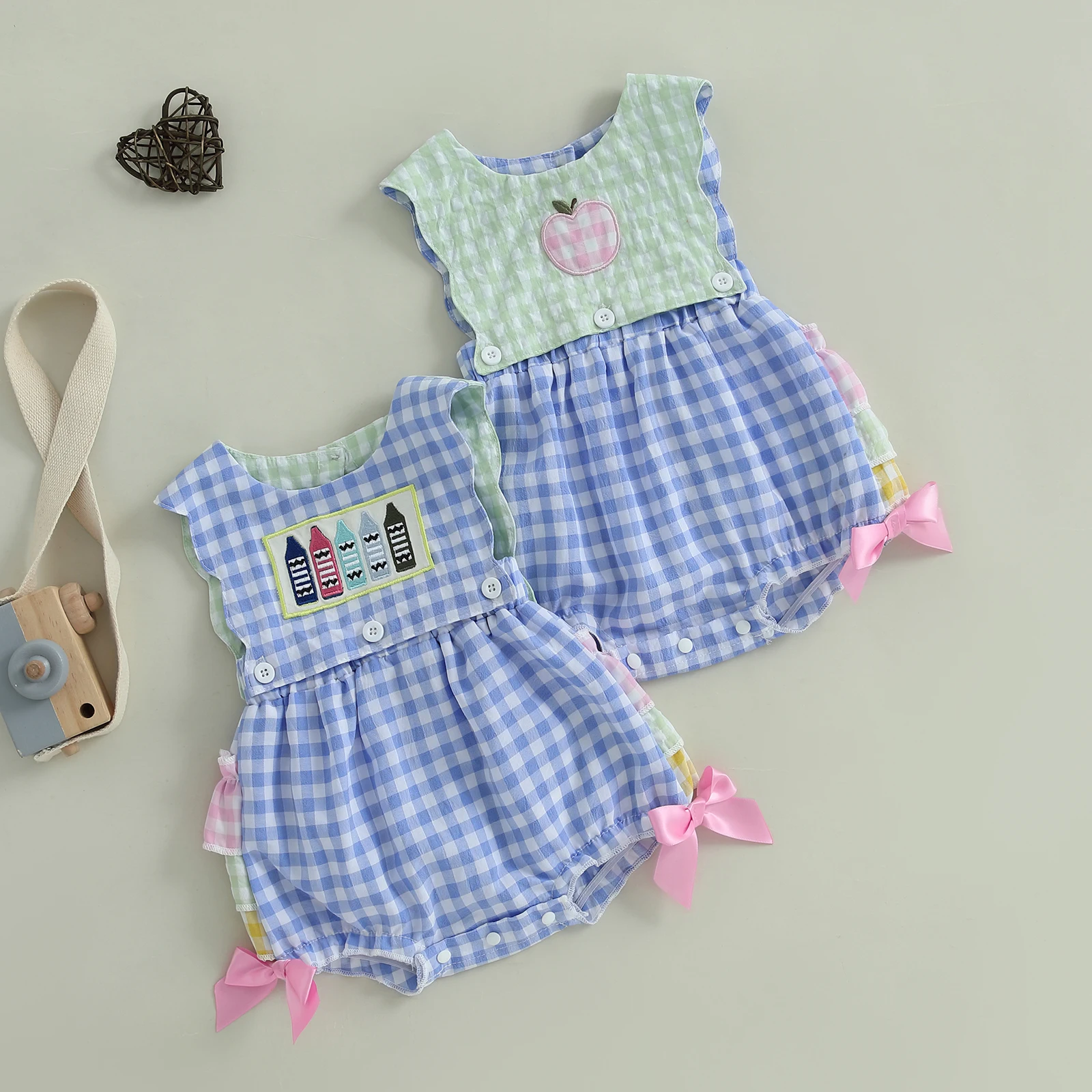 

Lioraitiin Baby Girl Plaid Bubble Romper Apple/Pencil Embroidered Sleeveless Bodysuit Cute Summer Clothes