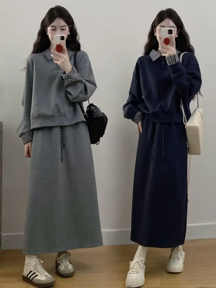 

Slimming Effect Korean Sle Long Sve Sweatirt And Skirt Two Piece Set for plus Size Women Autumn Winter Faion