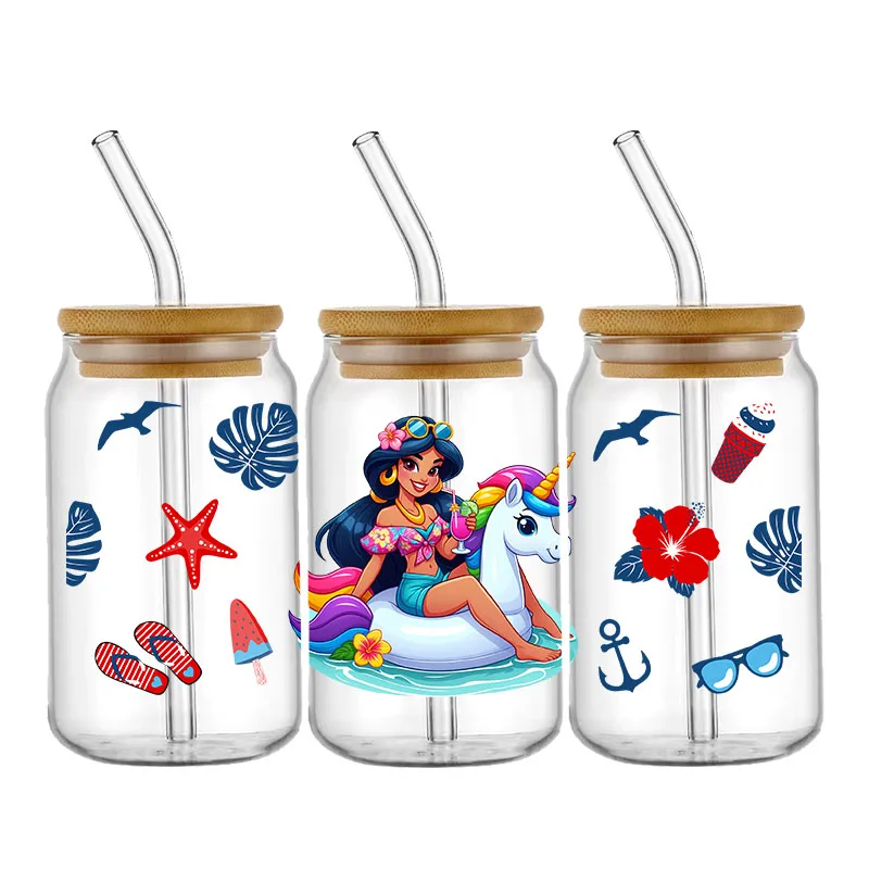 Cartoon Disney Princess UV DTF Transfer Sticker Permanent Waterproof Decals for 16oz libbey Glass Cup Wrap Can DIY Custom Decals