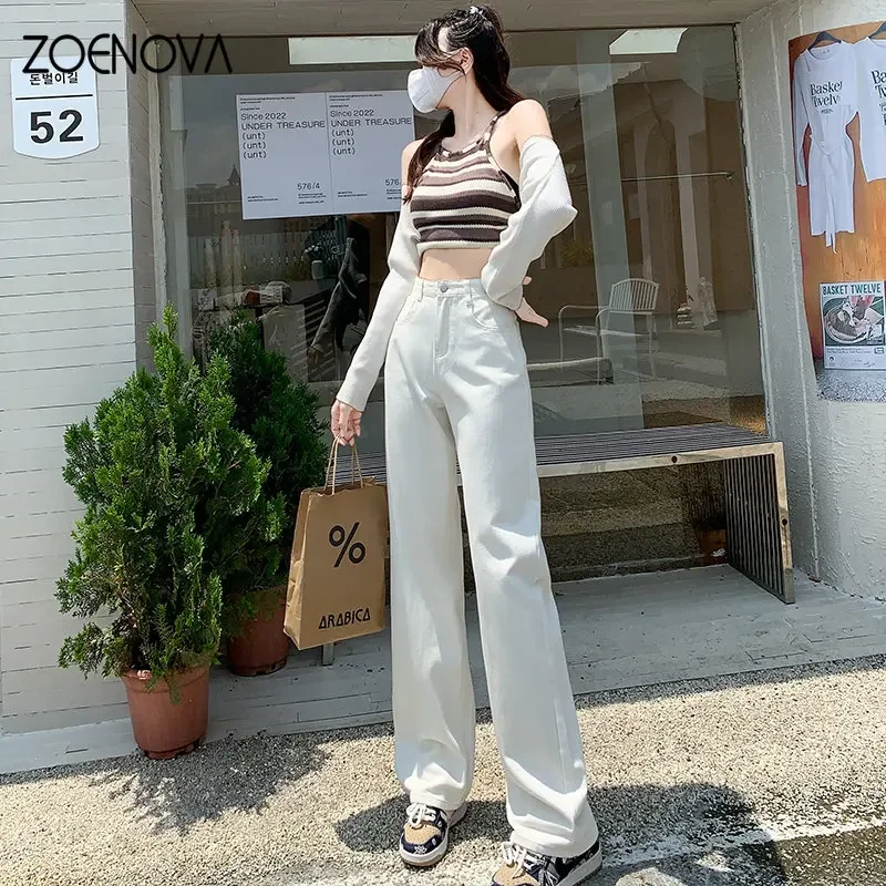 ZOENOVA Thin Tall Loose Non Elastic High Waist Straight Wide Leg Women's Jeans Covering Meat Casual Retro Street Y2K Trousers