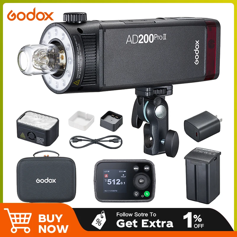 

Godox AD200PRO II TTL HSS 2.4G Wireless Camera Pocket Flash Lights Compatible with X2T X3 for Nikon Canon Sony Fuji Olympus