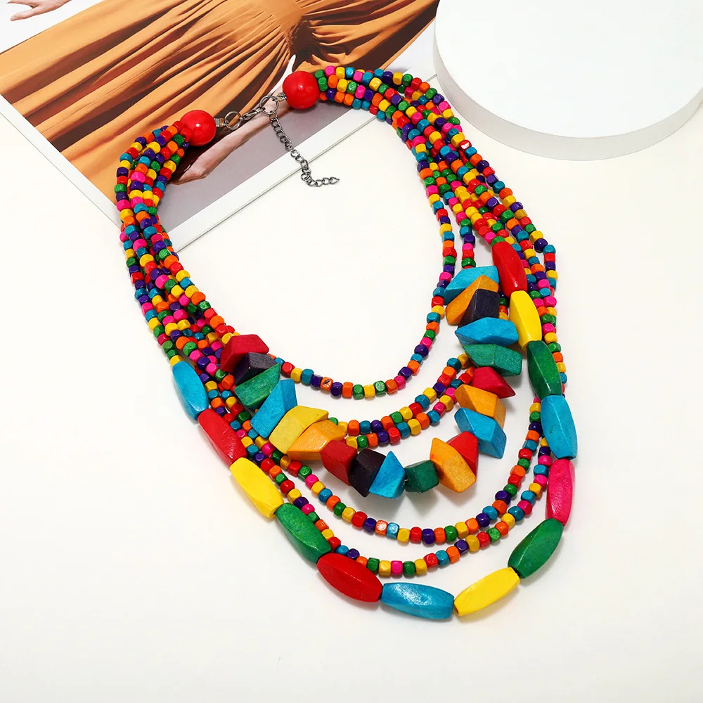 Gorgeous Attractive Bib Necklace Boho Multi-layer Colorful Irregular Geometric Wooden Beaded Statement Necklace Ethnic Jewelry