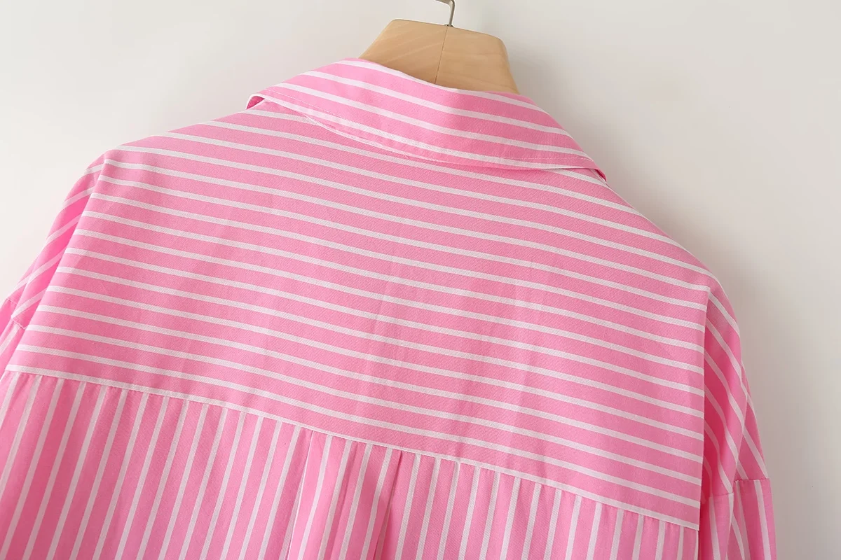 Tangada 2024 Women Pink Striped Cotton Blouse Shirt Long Sleeve Chic Female Loose Tops 6L023