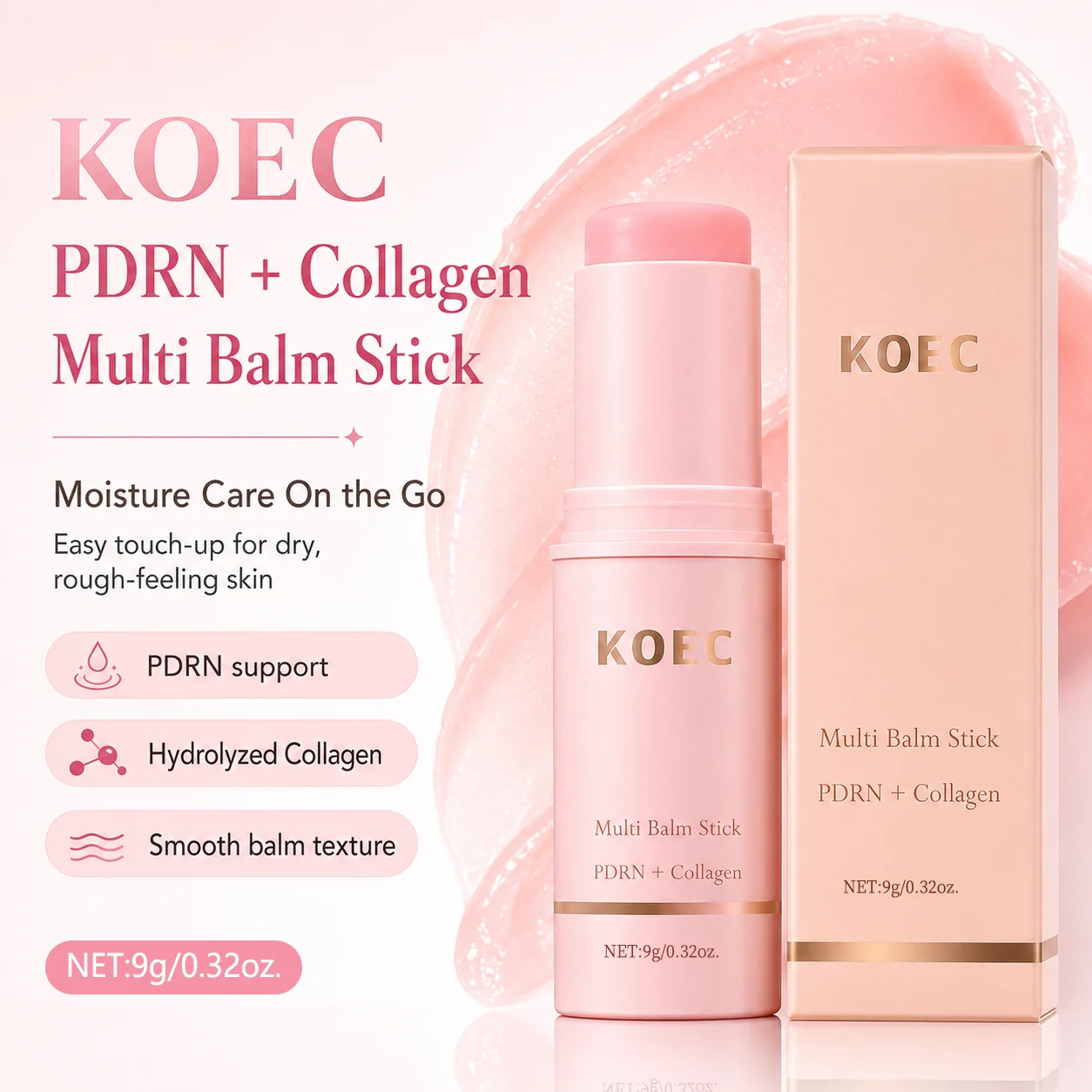 KOEC Multi Balm Stick, PDRN Collagen Wrinkle Stick for All Skin Types, All-in-One Hydrating Lip Balm, Eye & Neck Cream, Long-Lasting Hydration & Moisture Balm, 9g/0.32oz