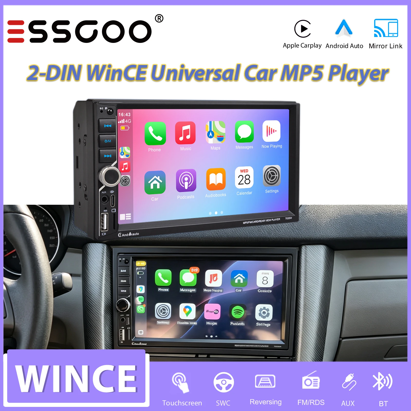 ESSGOO, autoradio universale 2-DIN con schermo IPS touchscreen, compatibile con sistemi WINCE, Carplay wireless, Android Auto, lettore multimediale MP5, USB, AUX, TF, Bluetooth, funzione Mirror Link,