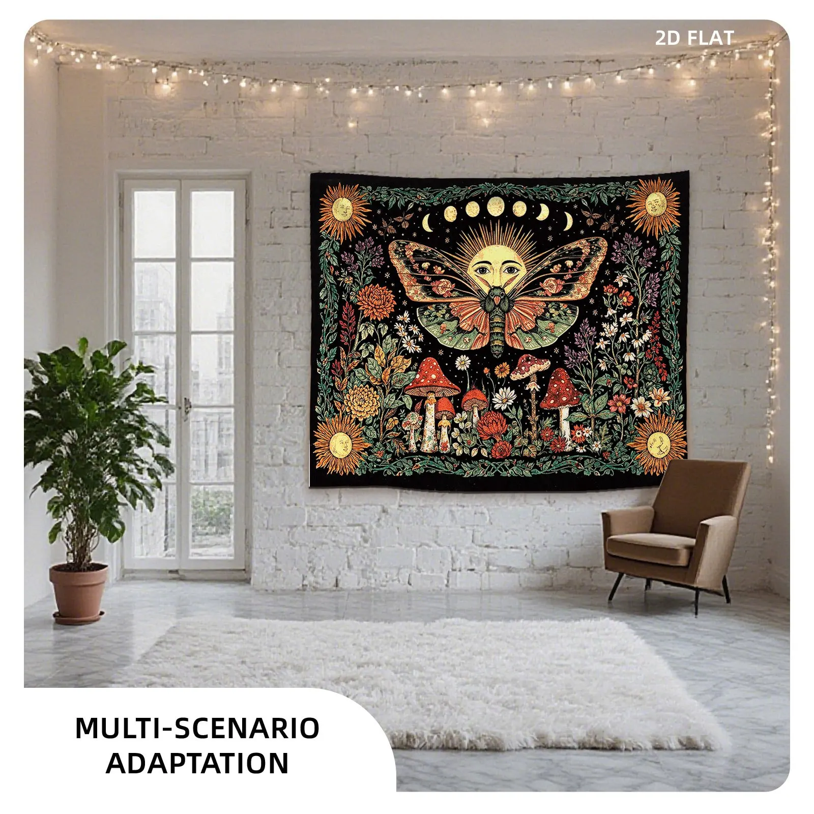 Boho Tapestry Wall Hanging Forest Mushroom Fairy Celestial Art Decor Bohemian Cottagecore Mystical Witchy Sun Moon Pattern