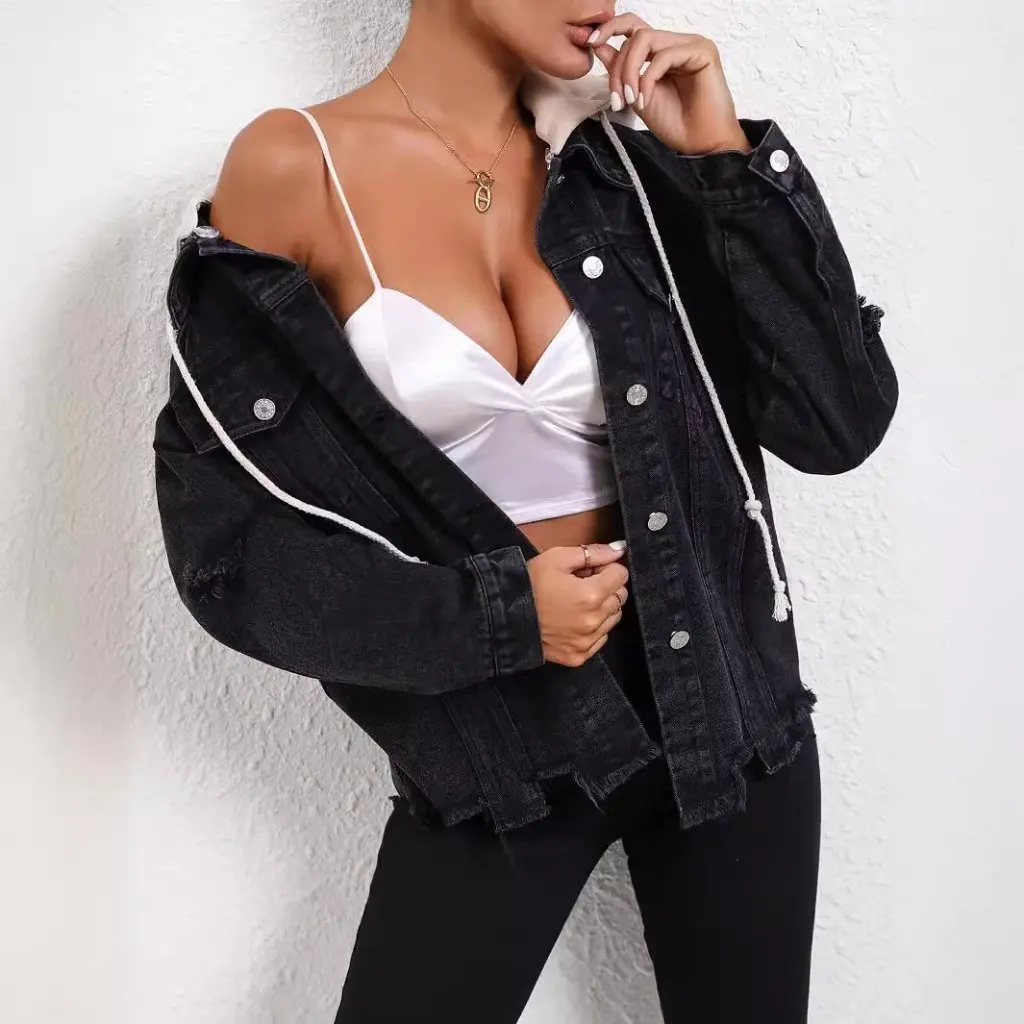 

Женская джинсовая куртка с капюшоном, универсальная осенне-зимняя модная одежда в европейском и американском стиле, 45 дюймов, стандартная одежда