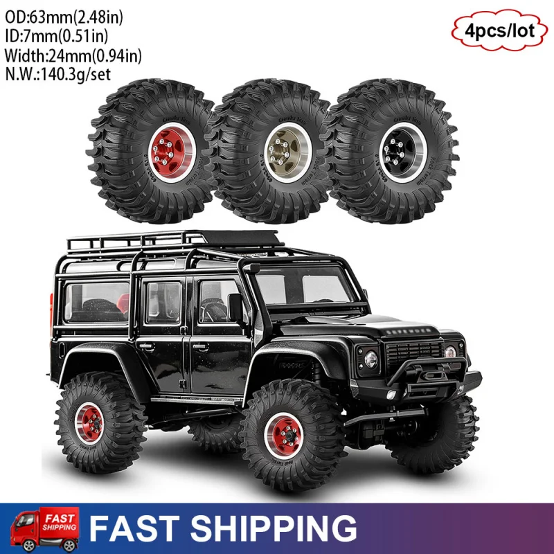 4PCS 1.0" Metal Beadlock Tires and Wheels 63*24mm for RC Cralwer 1/18 Traxxas TRX4M Ascent-18 1/24 Axial SCX24 AX24 FCX24