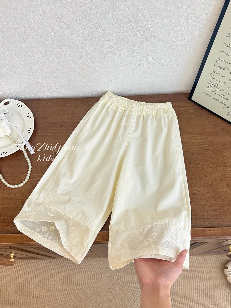 

2025 Spring New Korean Children's Clothing High End Splicing Solid Color Lace Loose Girls' Straight Leg Pants