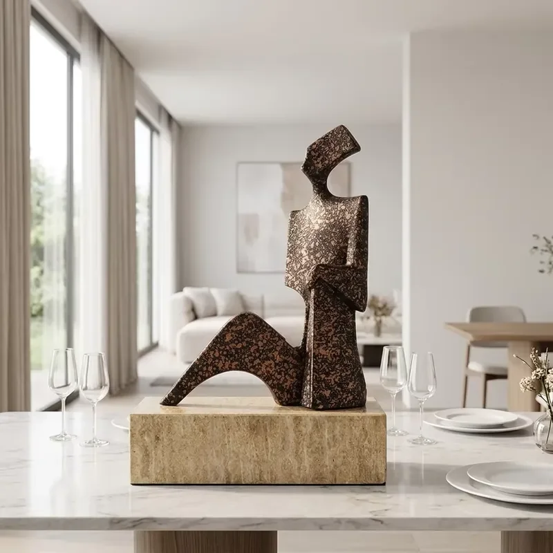Abstract Seated Statue Mottled Bronze Metal Sculpture with Limestone Base Luxury Hotel Tabletop Ornament Handicraft Home