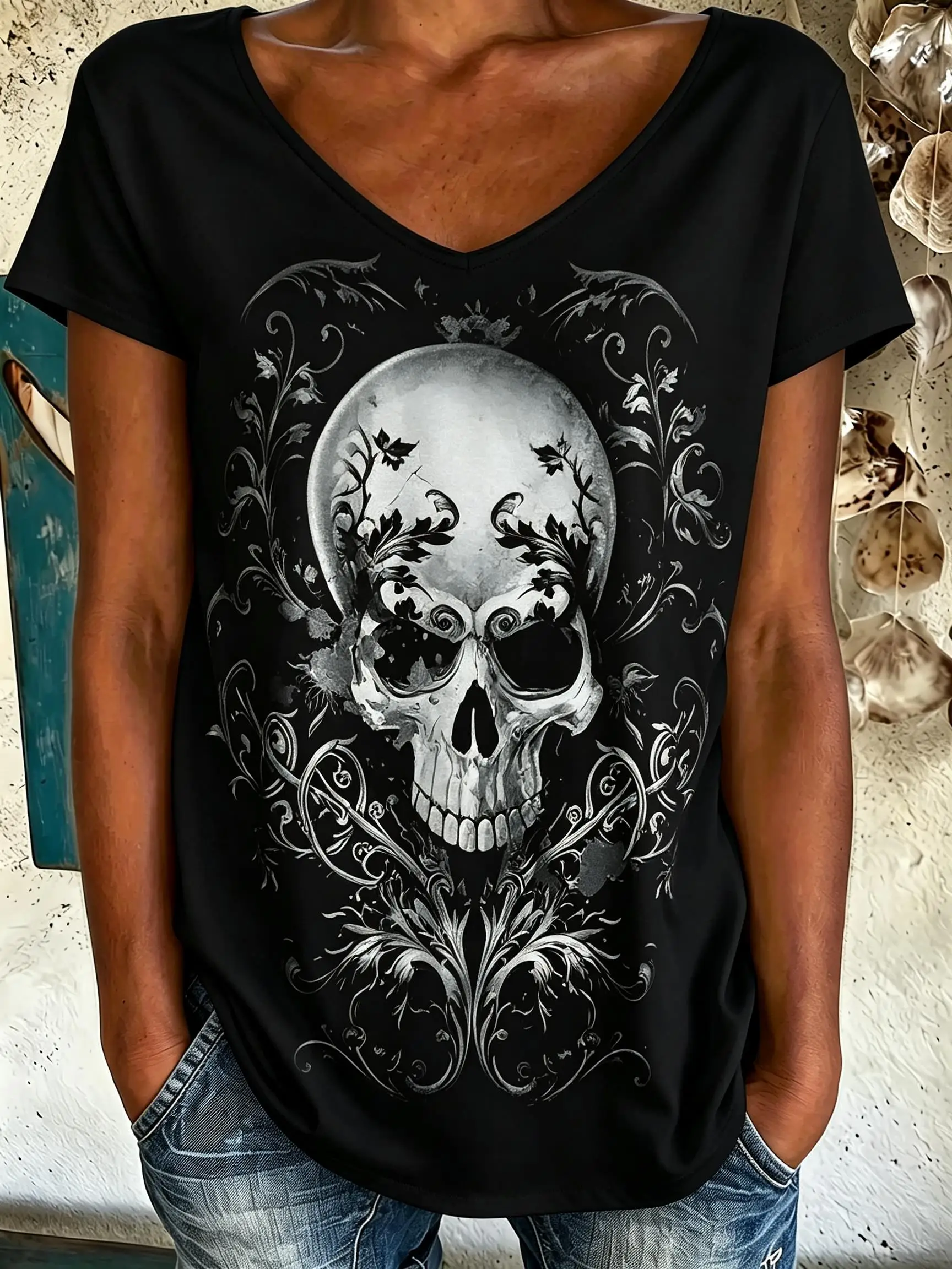 Women V‑Neck Short Sleeve T‑Shirt Gothic Graphic Print Tees Skeleton Ribcage Spine Baroque Floral Skull Casual Loose Daily Tops