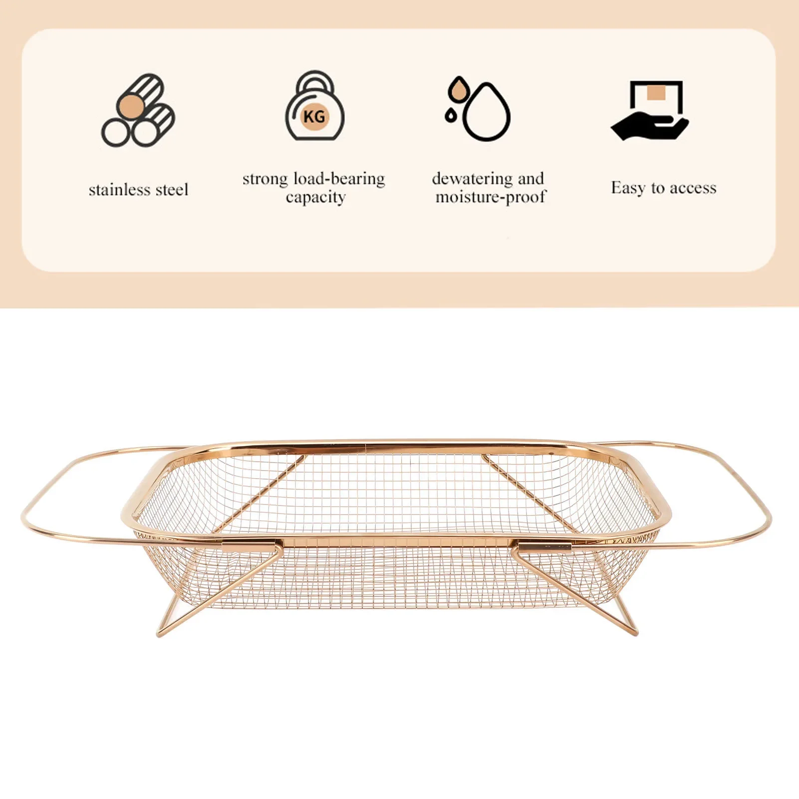 Kitchen Drainage Basket, Stainless Steel Expandable Rectangular Mesh Drainer, Sink Strainer Basket Over The Sink Colander