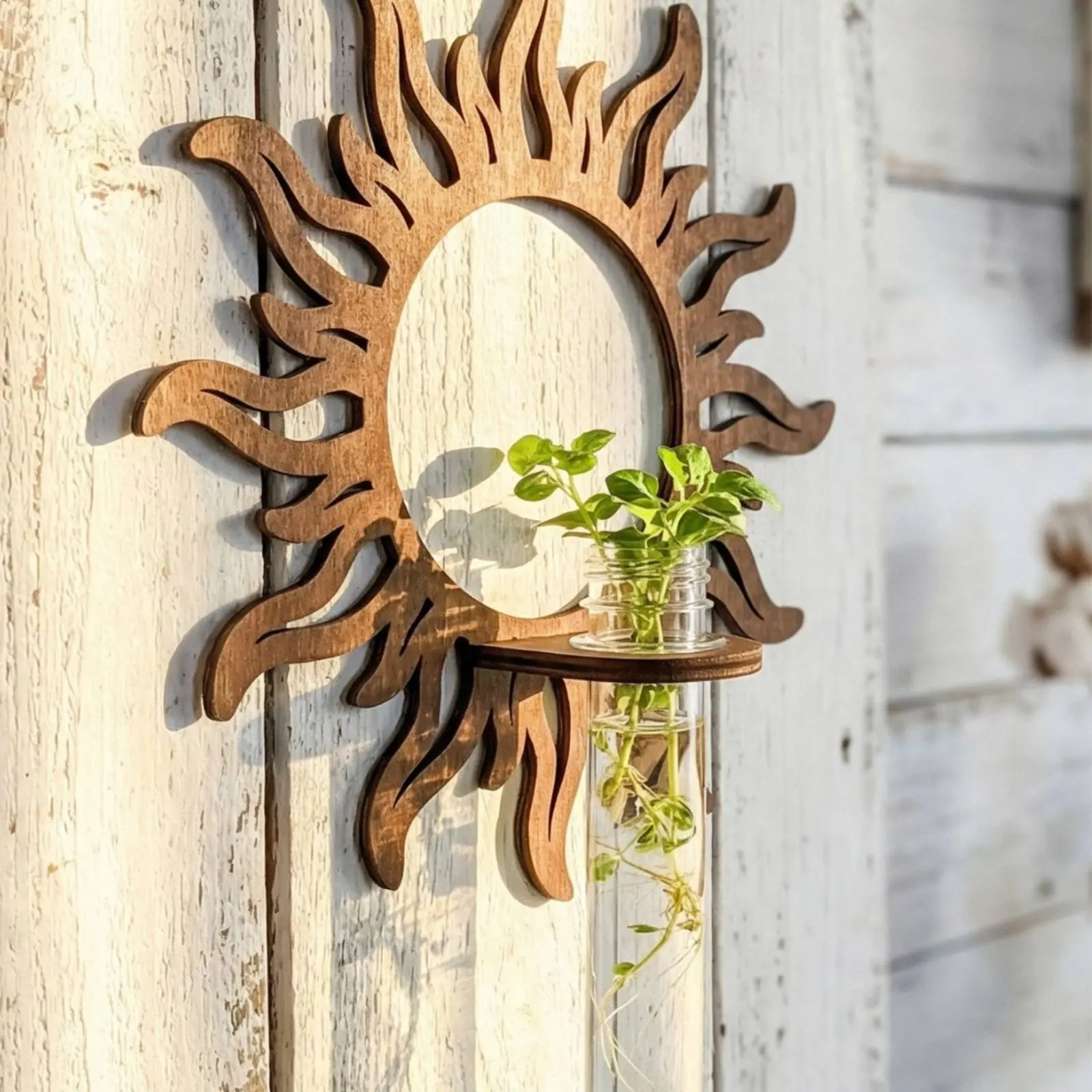 Sun Wall Planter Wooden Radial Plant Shelf Hanging Plant Shelf Sturdy Interior Accessory Natural Rim for Bedroom, Living Room