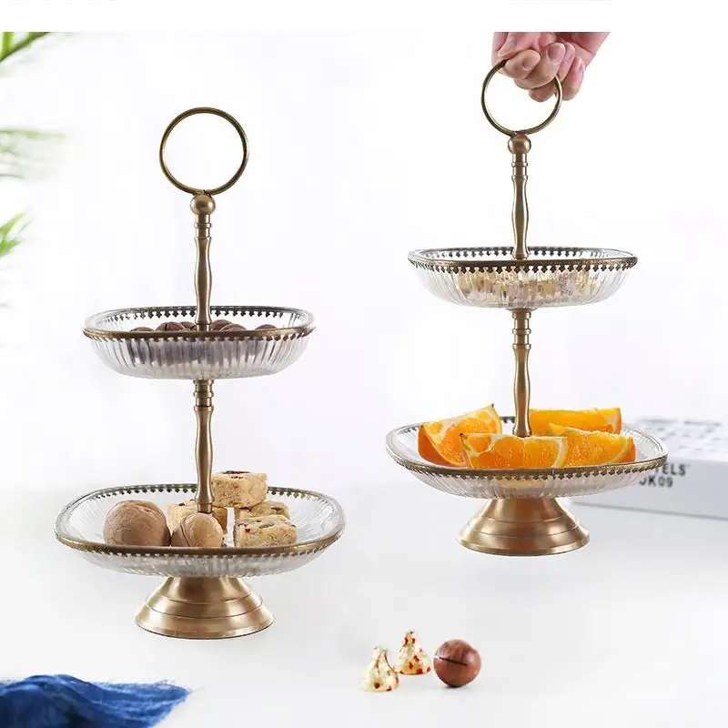 Two-tier Fruit Plate Brass Glass Bowl Cake Stand Snack Tray Dessert Decorative Dried Plates Dish