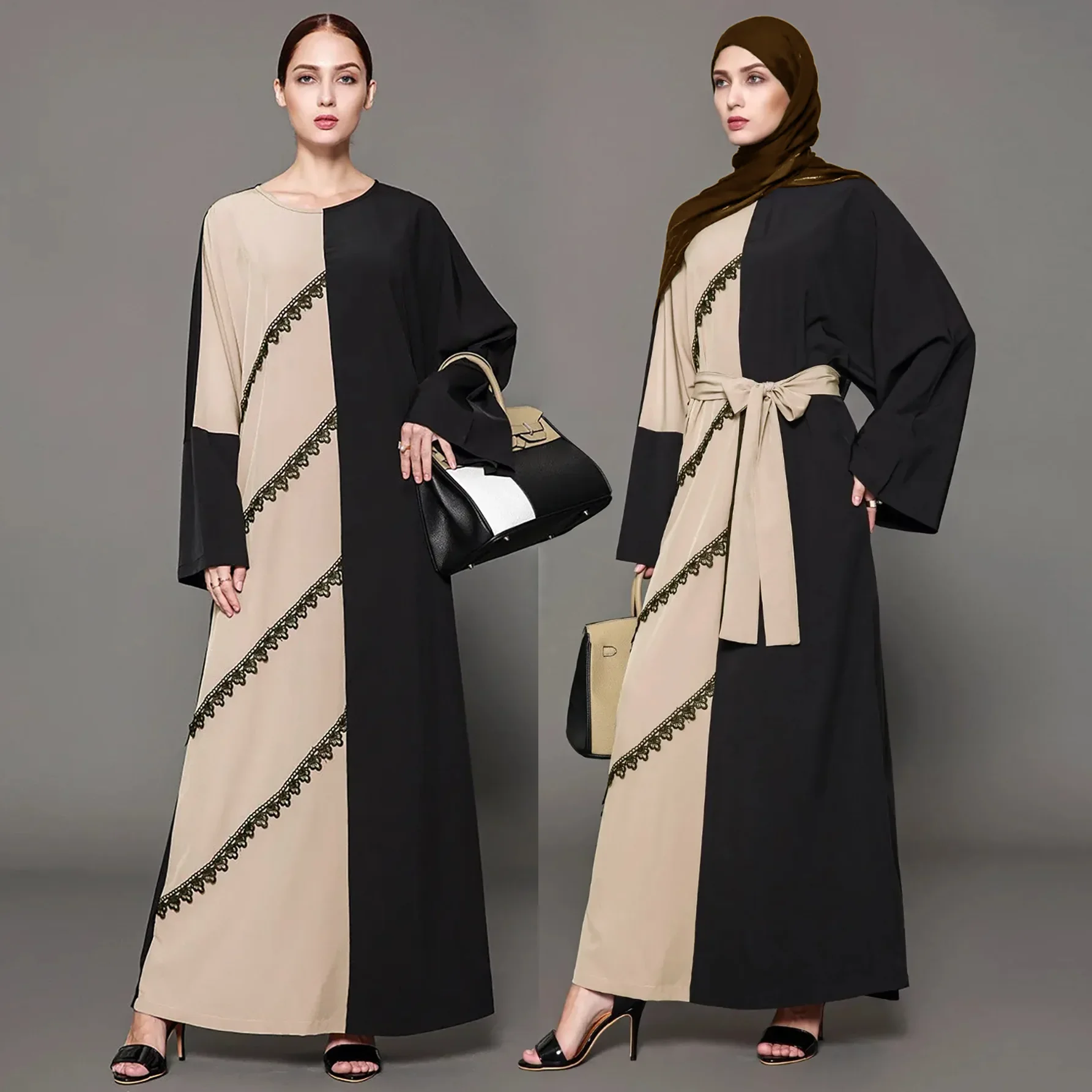 Casual Patchwork Long Dress Lace-up Women Abaya Muslim Dress for Women Party Holiday Vestido Long Sleeve Islamic Clothing Robe