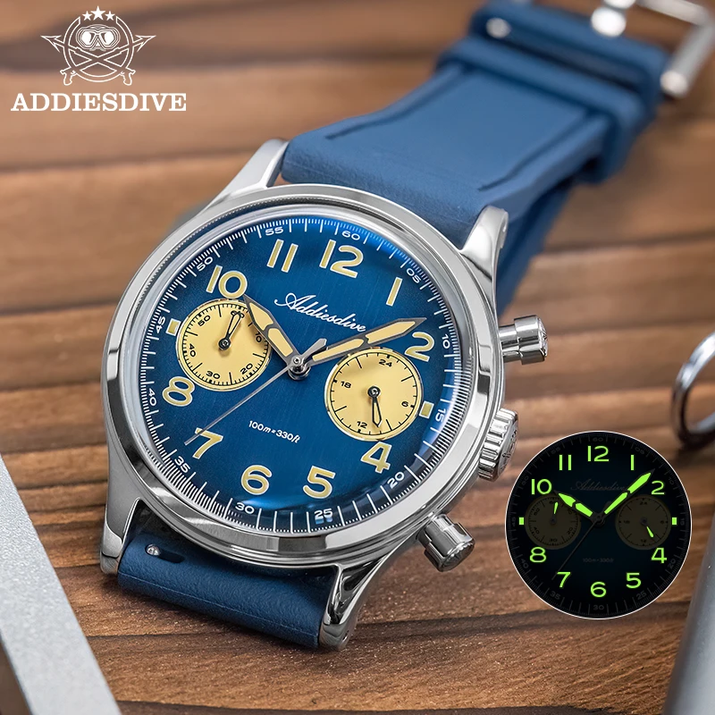 

ADDIESDIVE Chronograph Quartz Man Watch 100m Waterproof Luminous 38mm Mineral Glass Fluororubber Strap Fashion Watches For Man