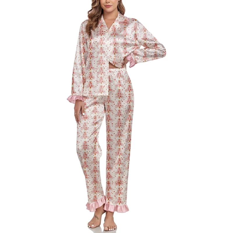HEZIOWYUN المرأة عيد الميلاد بيجامة مجموعات طويلة الأكمام زر أسفل الساتان لباس نوم من الحرير لطيف تكدرت تقليم ملابس النوم Pjs المتسكعون