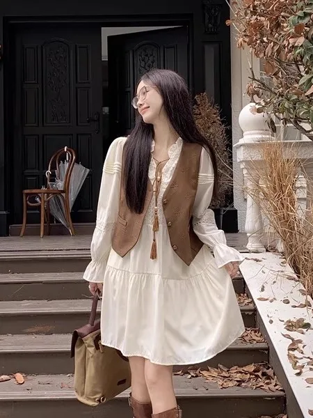 

Retro Coffee Color Women's Spring Autumn Dr + Jaet Two-Piece Set Ele Aosphere Layering V-Ne Regular Length Singl...