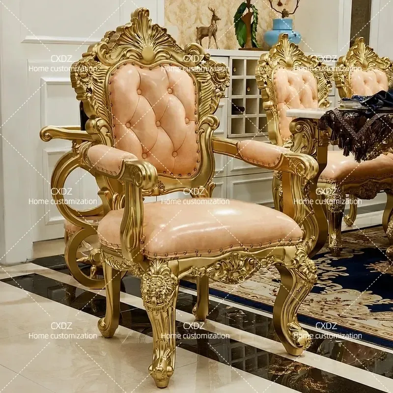 European Luxury Dining Chair Solid Wood Double Sided Carved First Layer Cowhide Leather Armrest Back Seat High End