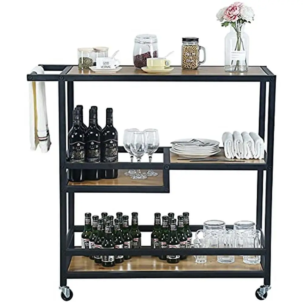 

3-Tier Kitchen Utility Cart on Wheels with Storage Wood Look Accent Furniture Serving Cart Home Patio Outdoor Farmhouse Black