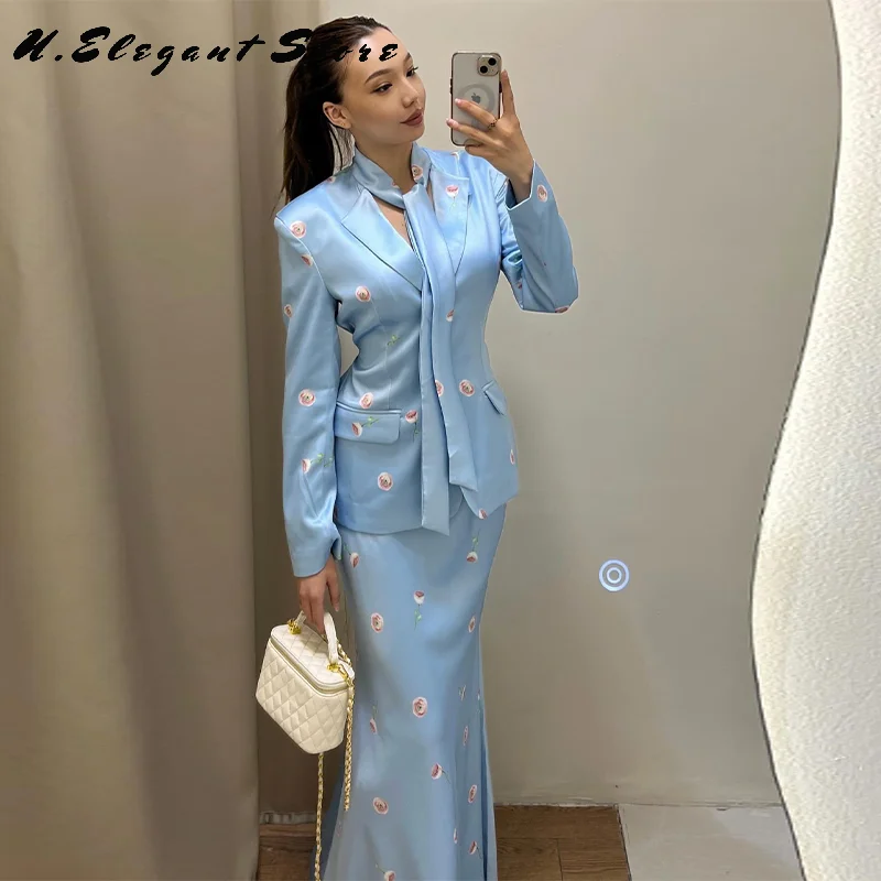 

Chic Floral Printed Satin Suit Skirt Sets 2 Pieces For Women Lapel Padded Shoulder Suit Coat Long Skirt 2025 New Lady Outfits