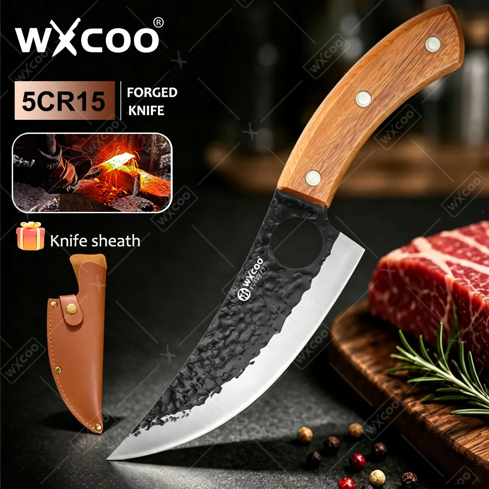 WXCOO Hand Forged Hammered Butcher Knife Wood Handle Copper Rivet One Piece Forged Meat Cleaver for Cutting Bone Frozen Meat