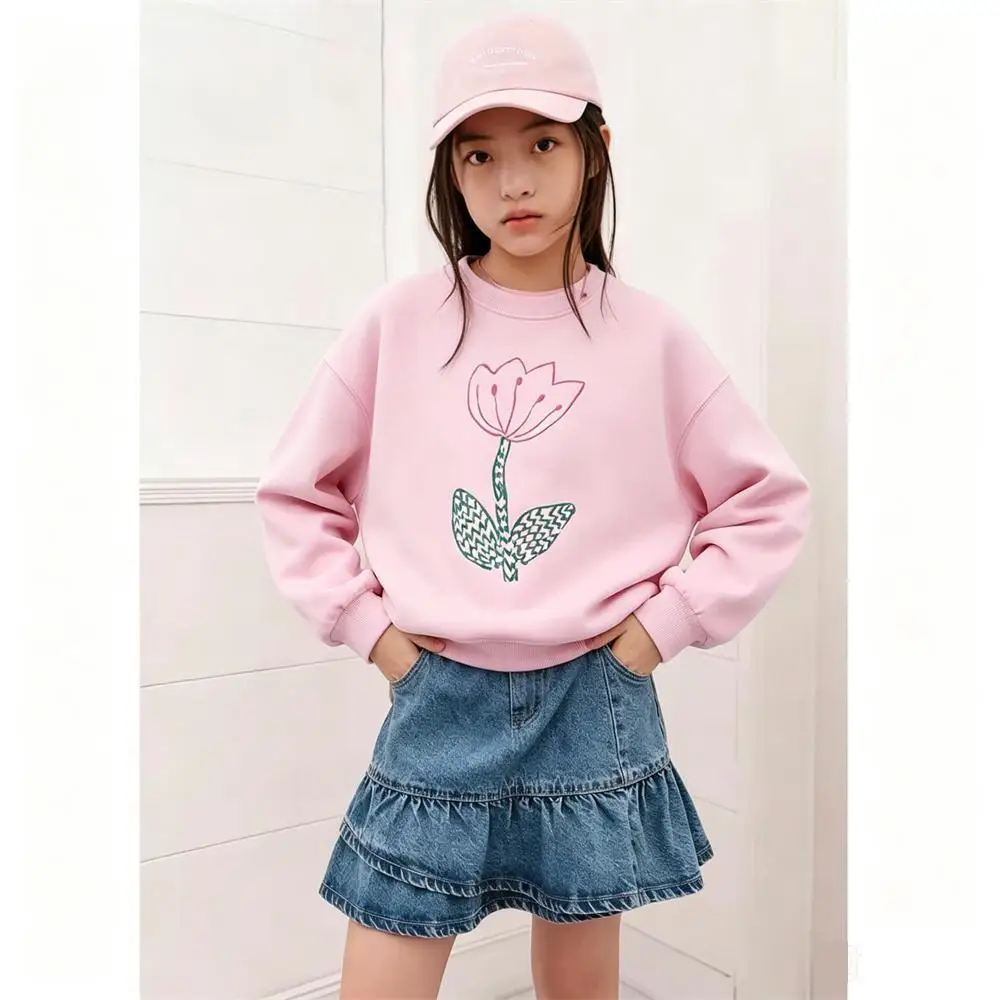 Girls Pink Sweatshirt Loose Casual Crewneck Long-sleeved Tops Flower Strawberry Print Hoodie Spring Autumn Clothes For Children