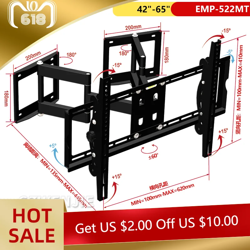 

Full Motion TV Wall Bracket Tilt Swivel TV Mount for 32-65in LED LCD HD 4K Plasma TVs with Extendable Articulating Arm