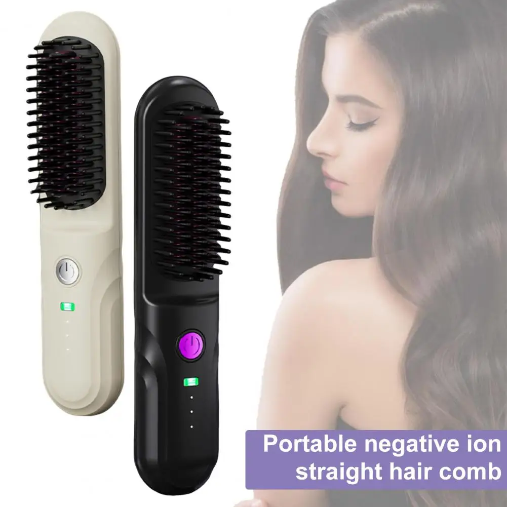 Hair Straightener Brush 2 Temp Adjustable Fast Heating USB Rechargeable Negative Ion Hot Brush Electric Curly Hair Styling Comb